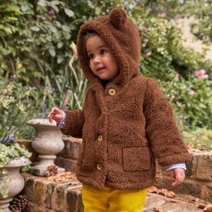 Mini Boden Button-up Teddy Bear Jacket with Hood and Ears, Size 3-4y